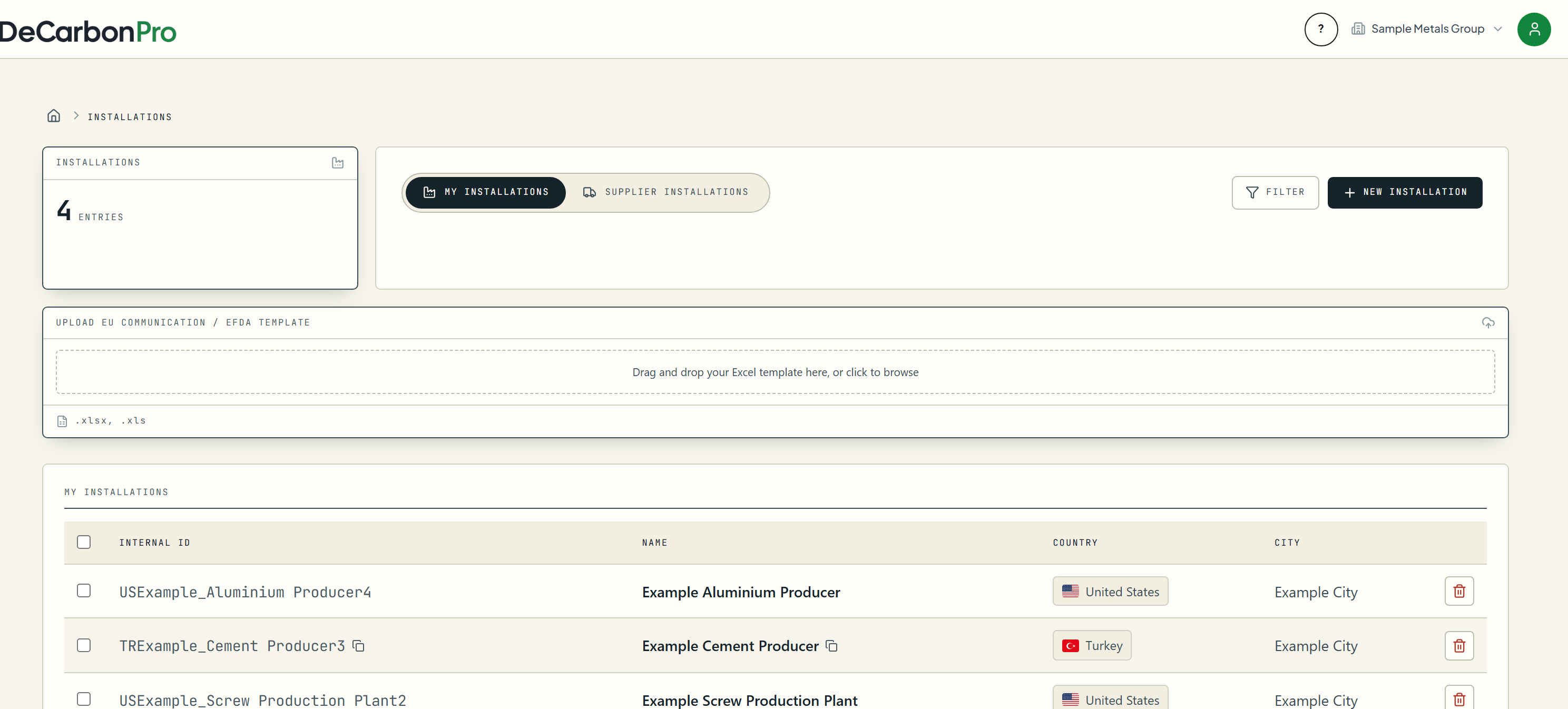The installation flowsheet in DeCarbonPro with connected production nodes.