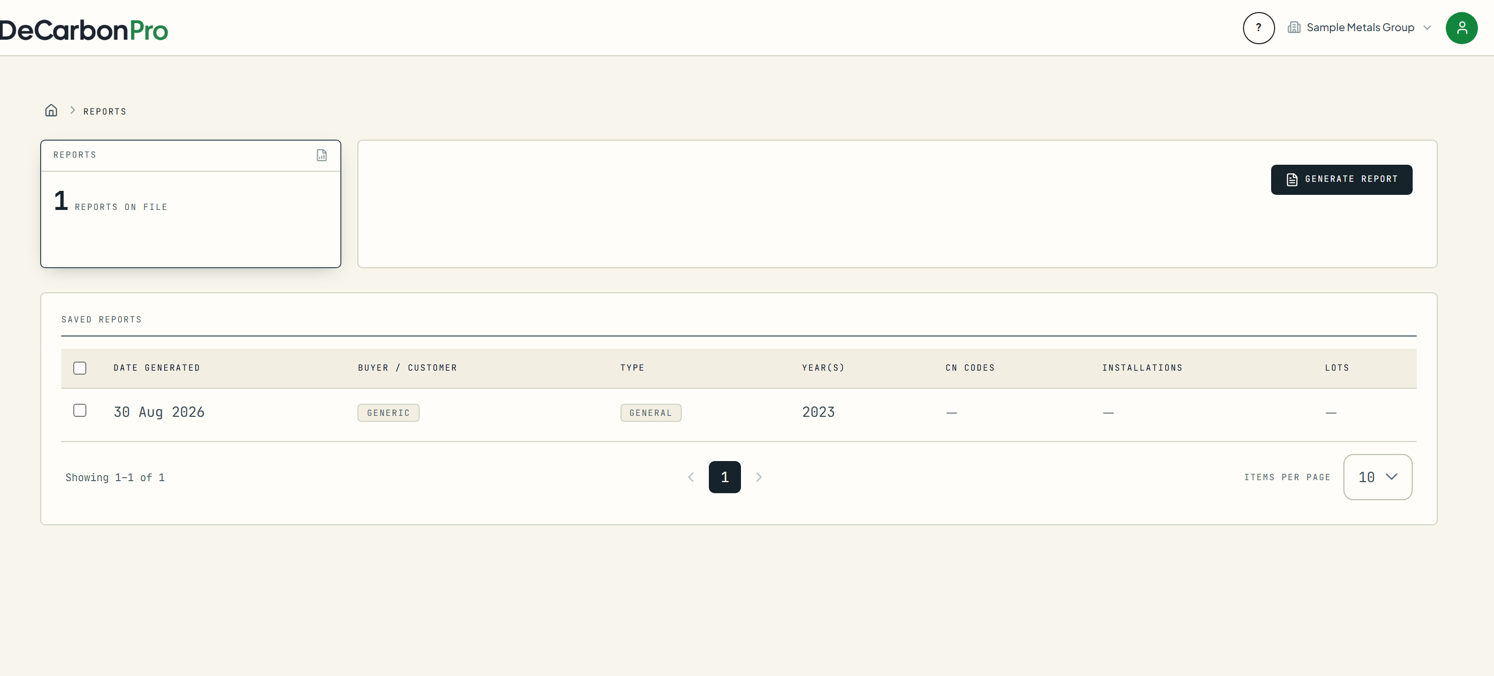 The reports screen in DeCarbonPro with a generated report saved against its reporting period.
